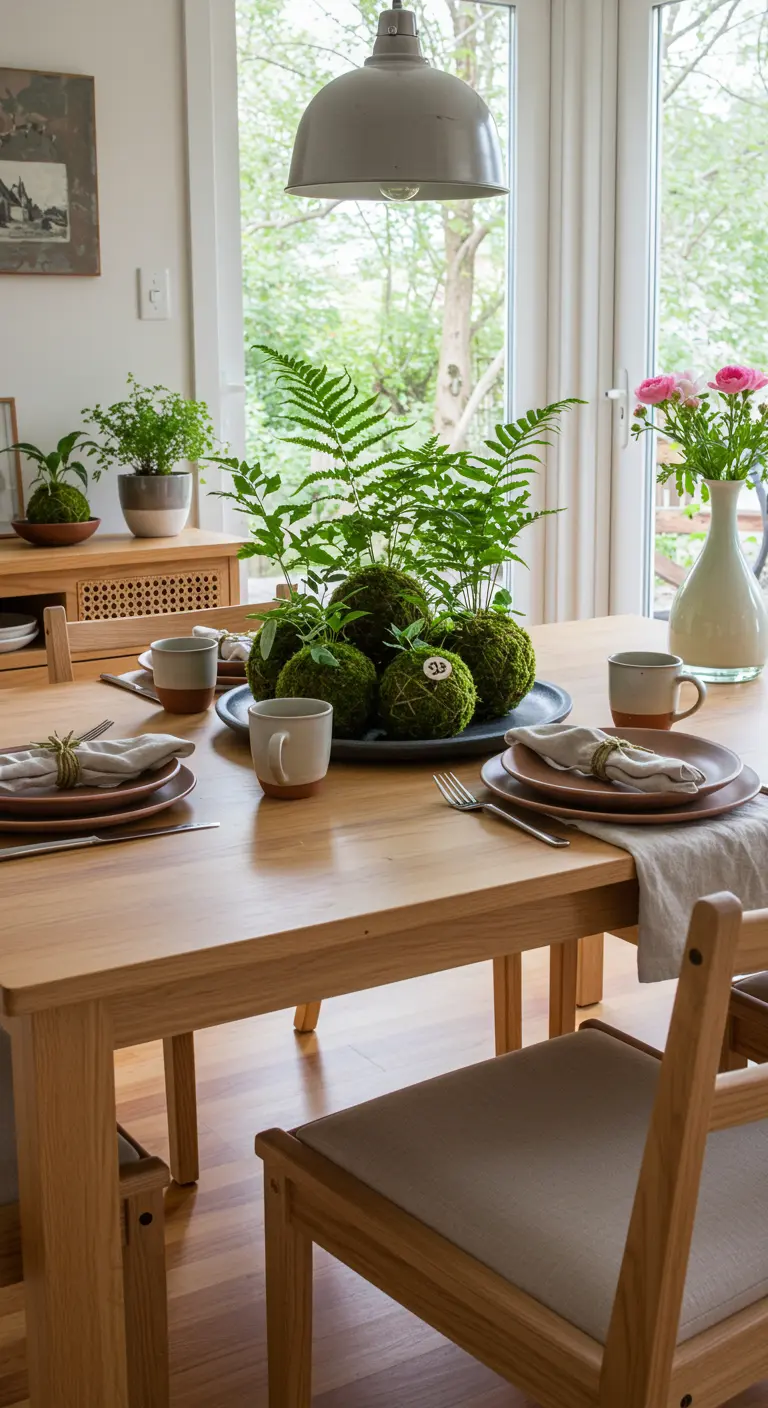 Gruppe von Kokedama (Moosbällen) mit Farnen auf einer Schieferplatte als Tischdeko.