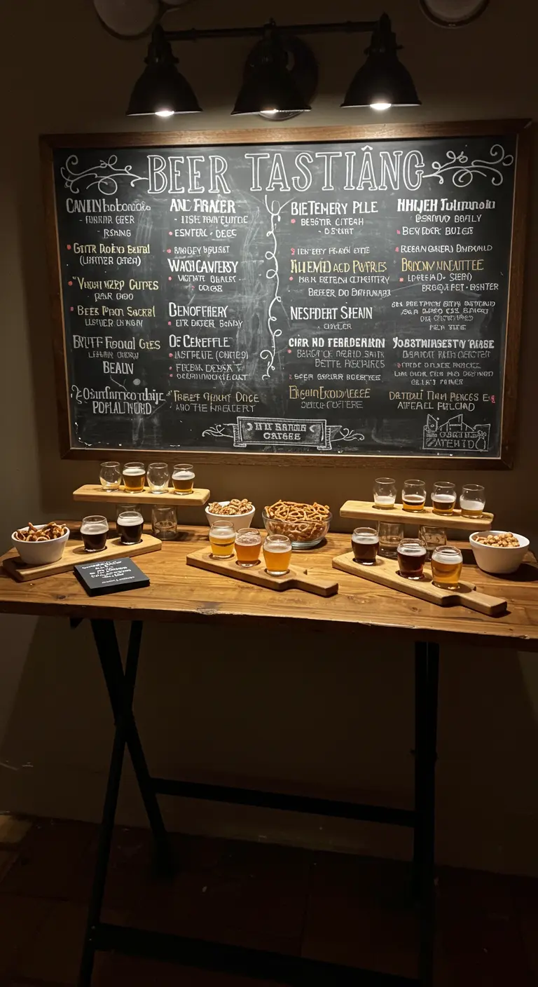 Bier-Tasting-Station mit kleinen Gläsern auf Holzbrettern und einer großen Kreidetafel-Karte.