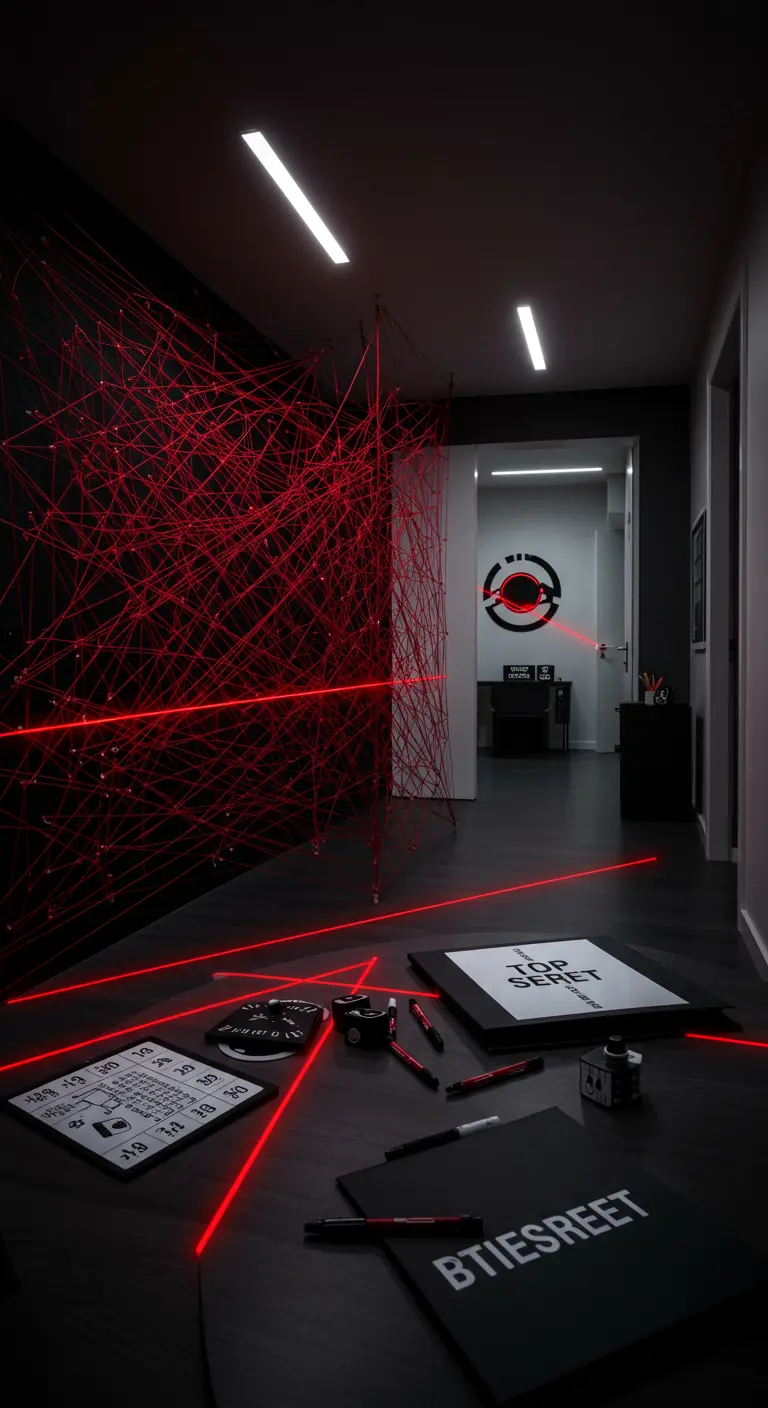 Dunkler Raum mit einem Labyrinth aus roten Fäden für eine Spionage-Mission.