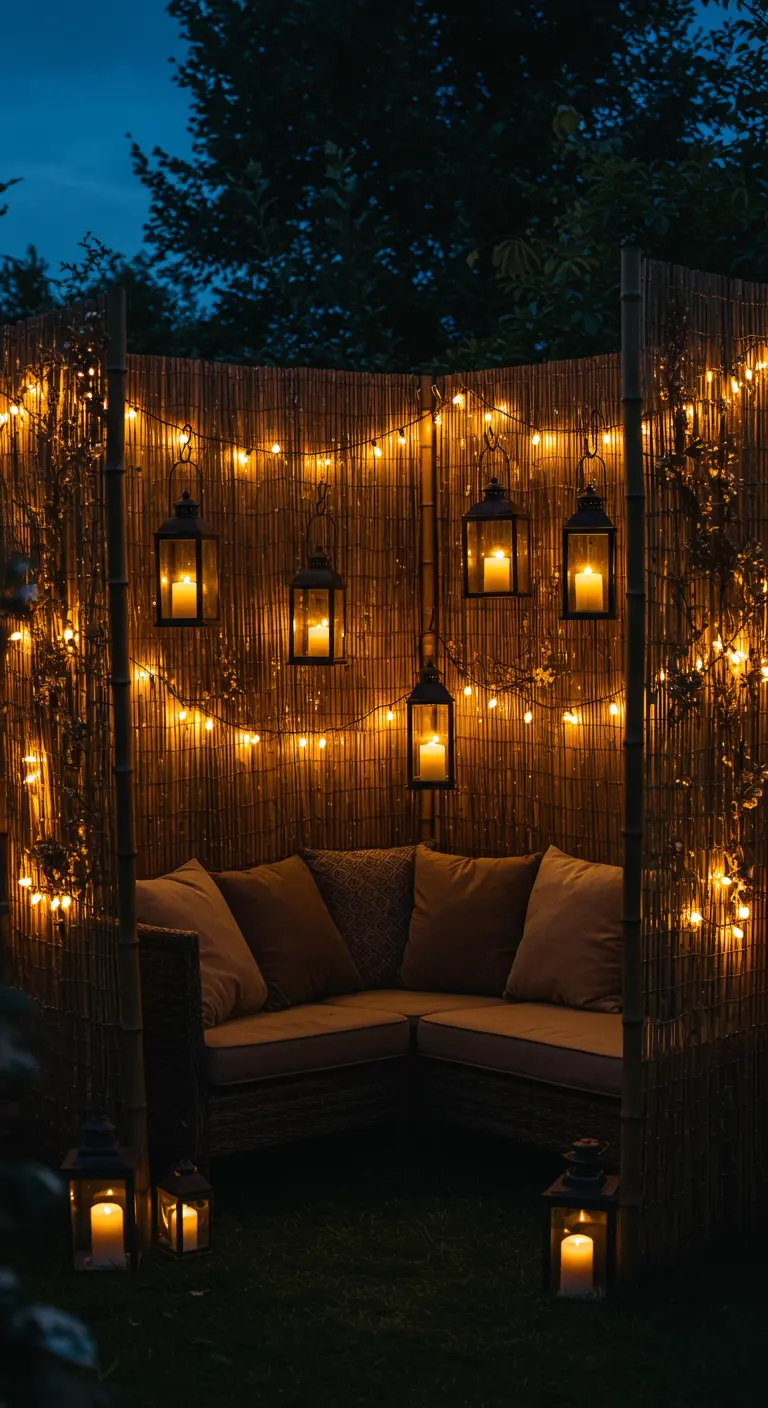 Eine von Bambuswänden umgebene Sitzecke, beleuchtet von Lichterketten und Kerzen in schwarzen Laternen.