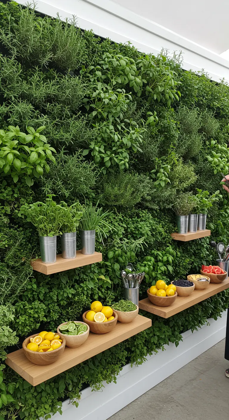 Moderne Garnish-Station mit Holzregalen vor einer vertikalen, lebenden Kräuterwand.