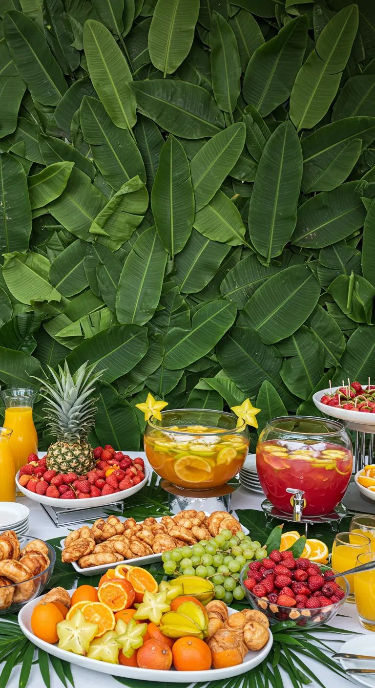 Buffet-Tisch vor einer Wand, die vollständig mit großen, grünen Bananenblättern bedeckt ist