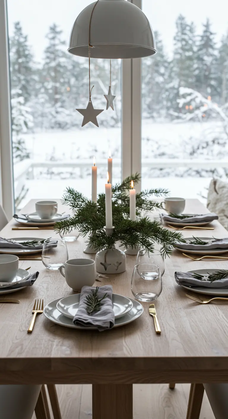 Minimalistischer Advents-Tisch mit Tannengrün und Blick in eine verschneite Landschaft.
