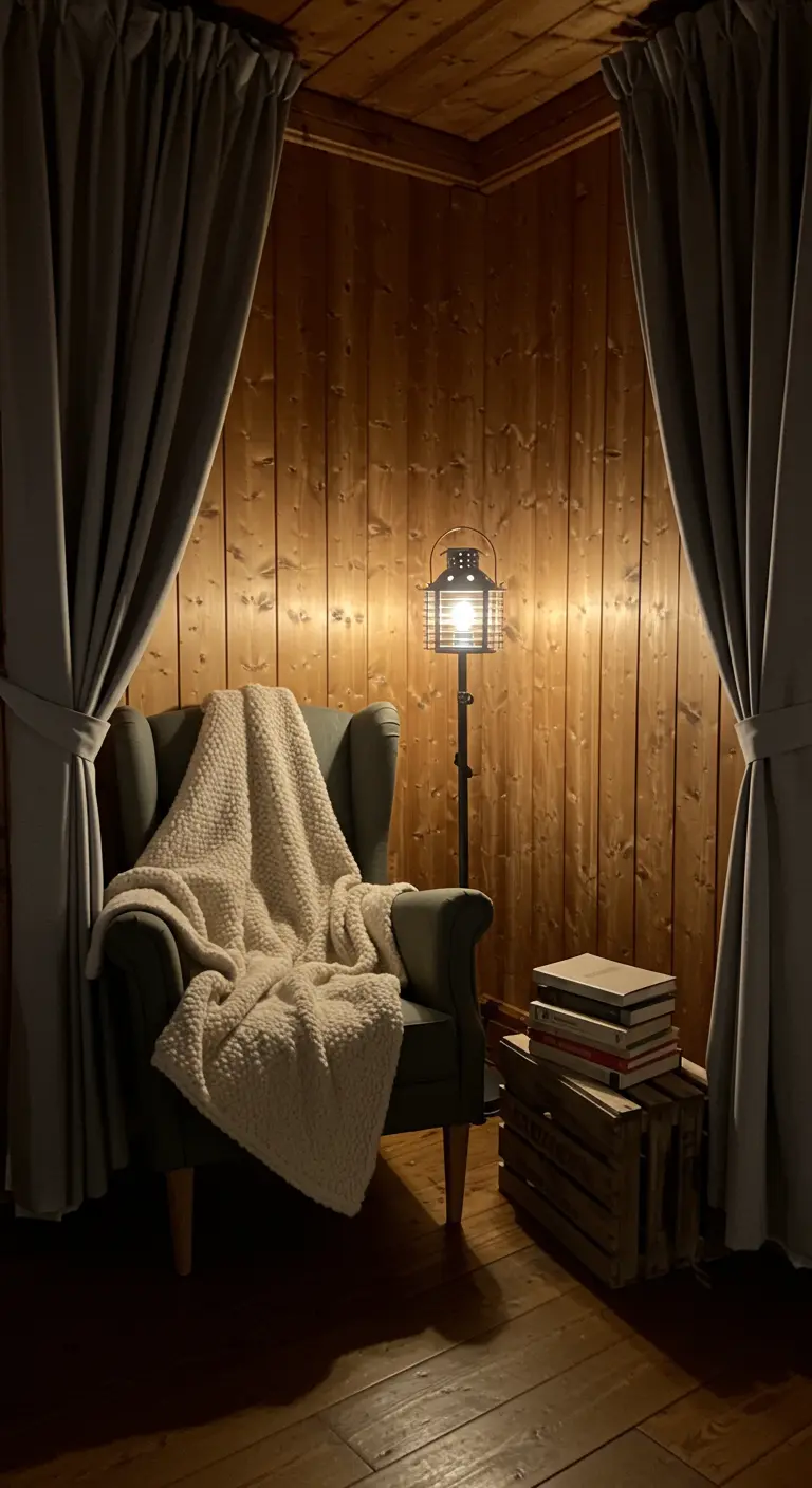 Ohrensessel mit Decke in einer Holzecke, daneben eine Laternen-Stehlampe.