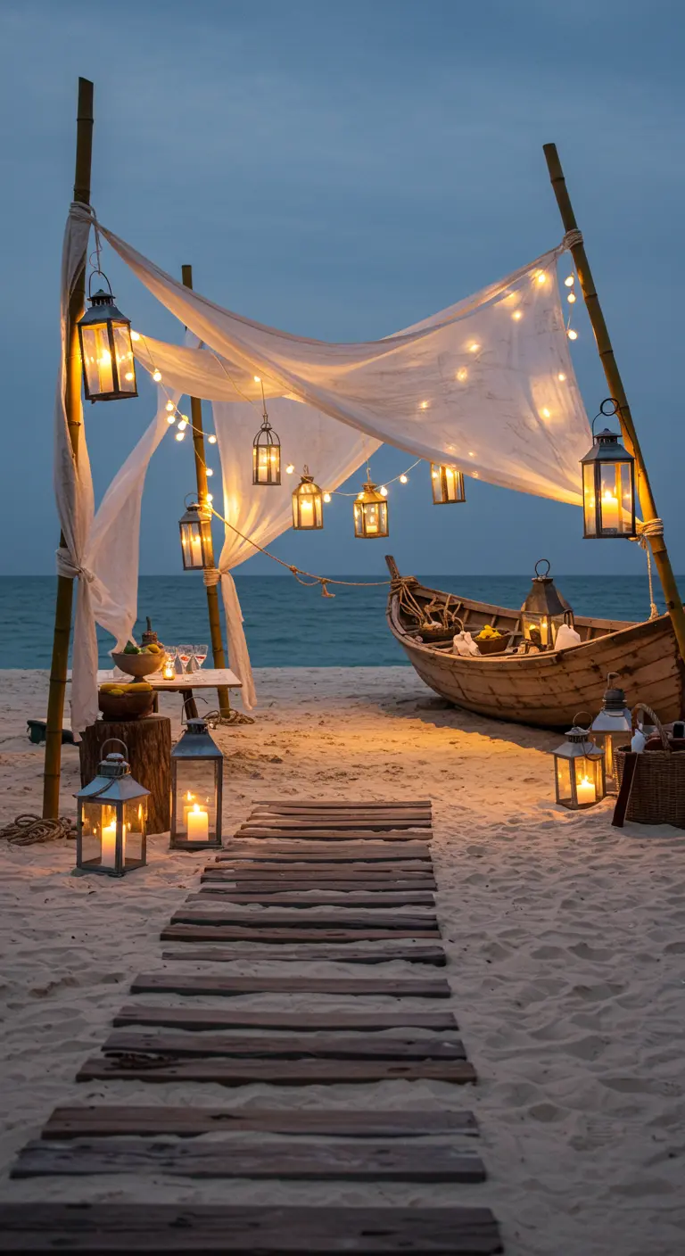 Romantischer Baldachin aus Stoff und Bambus am Strand, beleuchtet von vielen Laternen.