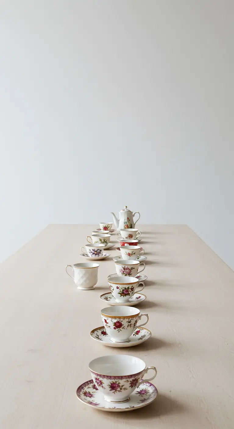 Eine einzelne, gerade Linie aus verschiedenen Vintage-Teetassen auf einem leeren Tisch.