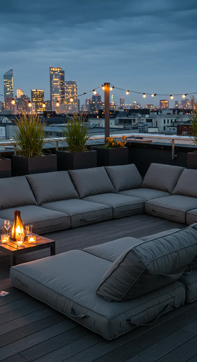 Eine große, modulare Lounge-Sofa aus grauen Segeltuchkissen auf einer Dachterrasse.