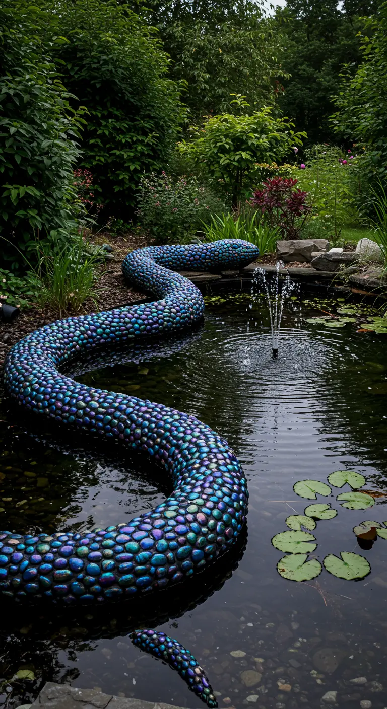Eine aufwändige Mosaik-Schlange in Blau- und Violetttönen am Rande eines Gartenteichs.