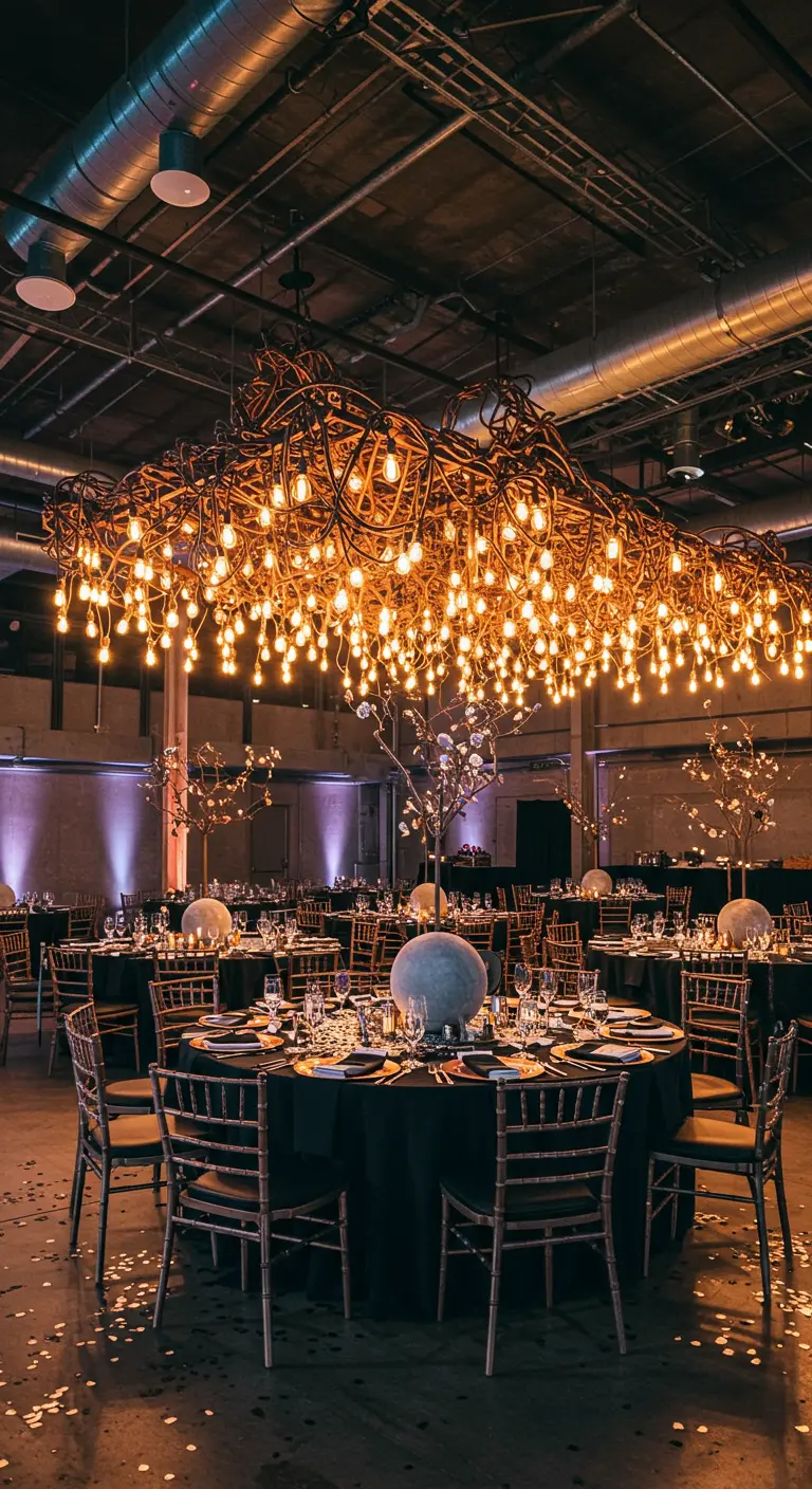 Opulenter, organisch geformter Kronleuchter mit hunderten Edison-Lampen in einer großen Event-Location