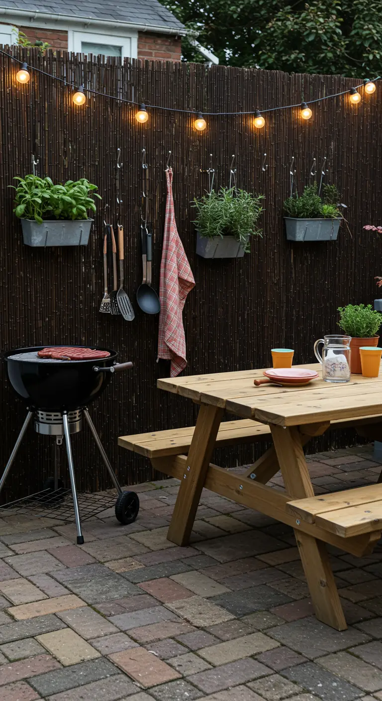 Grillbereich mit dunklem Bambus-Sichtschutz, an dem Grillbesteck und Kräuterboxen hängen.
