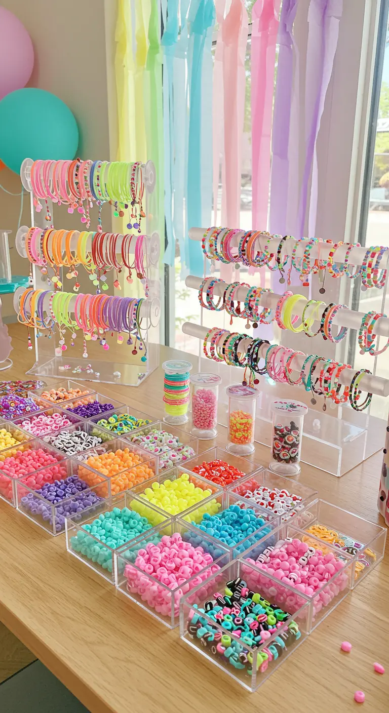 Ein Tisch voller bunter Perlen in Acrylbehältern für eine Armband-Bastelstation.