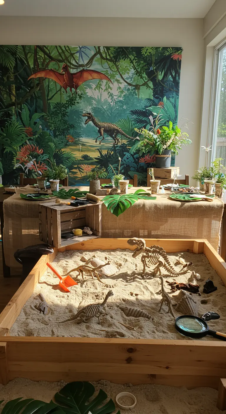 Dinosaurier-Party mit Sandkasten-Ausgrabungsstätte und Dschungel-Kulisse.