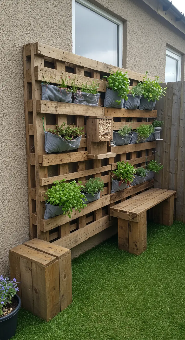 Eine Holzpalette als vertikaler Garten mit Kräutern und integrierter Futterstation.