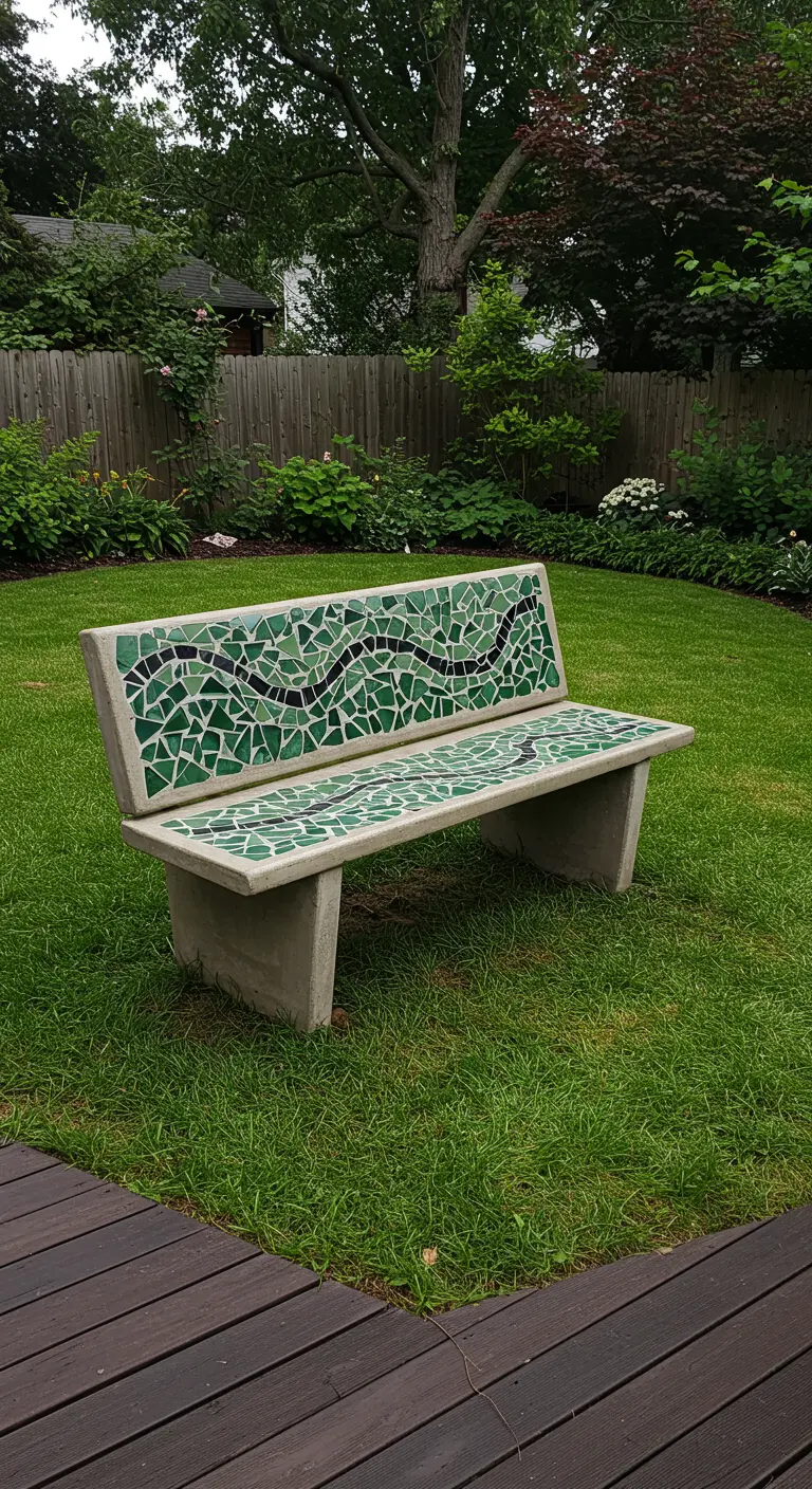 Eine schlichte Betonbank mit einer Mosaik-Sitzfläche in einem geschwungenen grünen Muster.