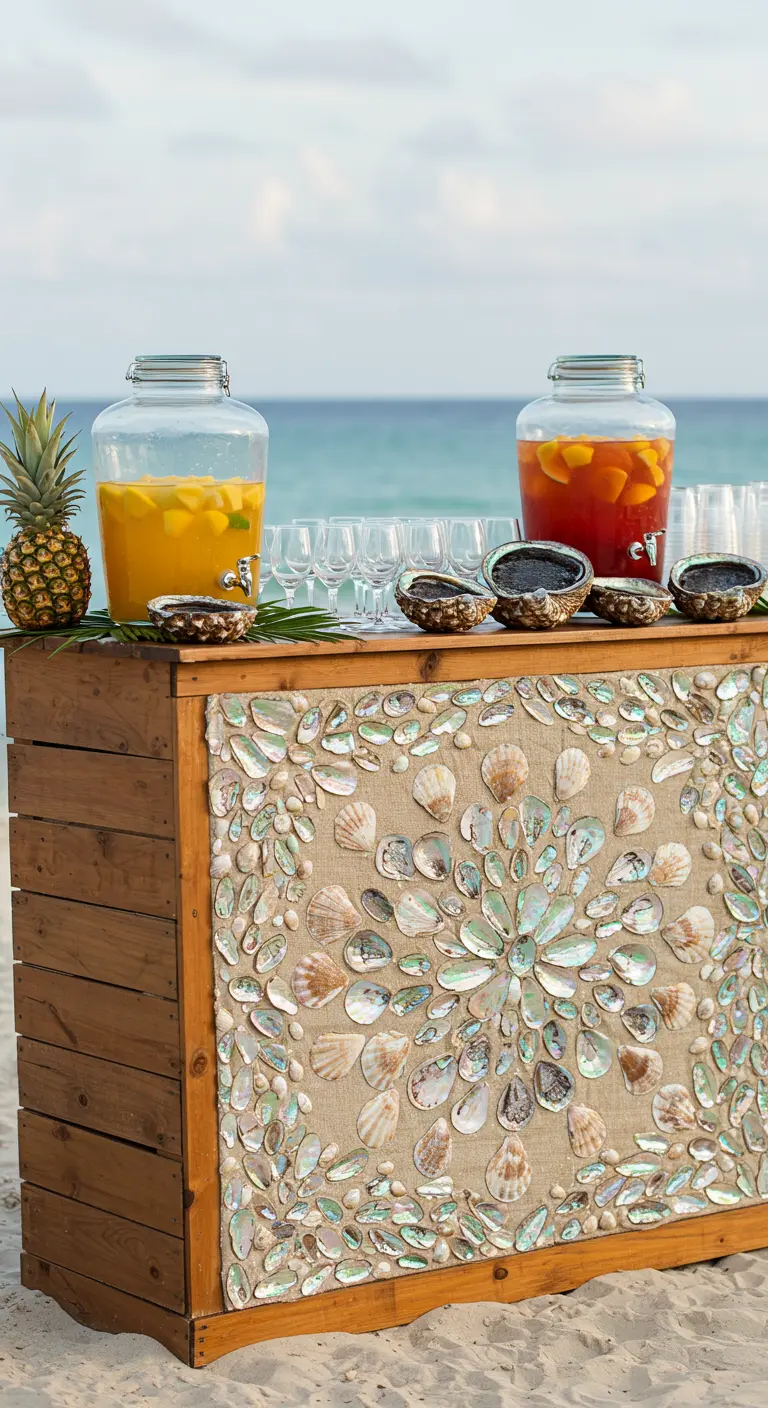 Holzbar am Strand, deren Front mit einem aufwendigen Muschelmosaik verziert ist.