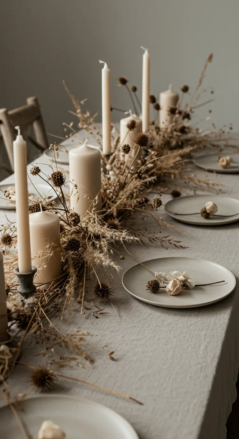 Tischdekoration aus Trockengräsern, Disteln und beigefarbenen Kerzen.