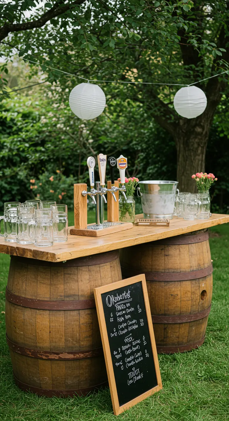 DIY-Biertheke im Freien aus zwei Holzfässern und einer Holzplatte mit Zapfhähnen.