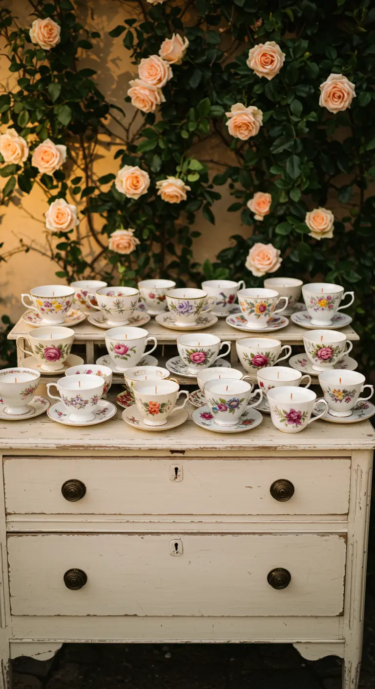 Sammlung von Vintage-Blumenteetassen auf einer weißen Kommode vor einer Rosenwand.