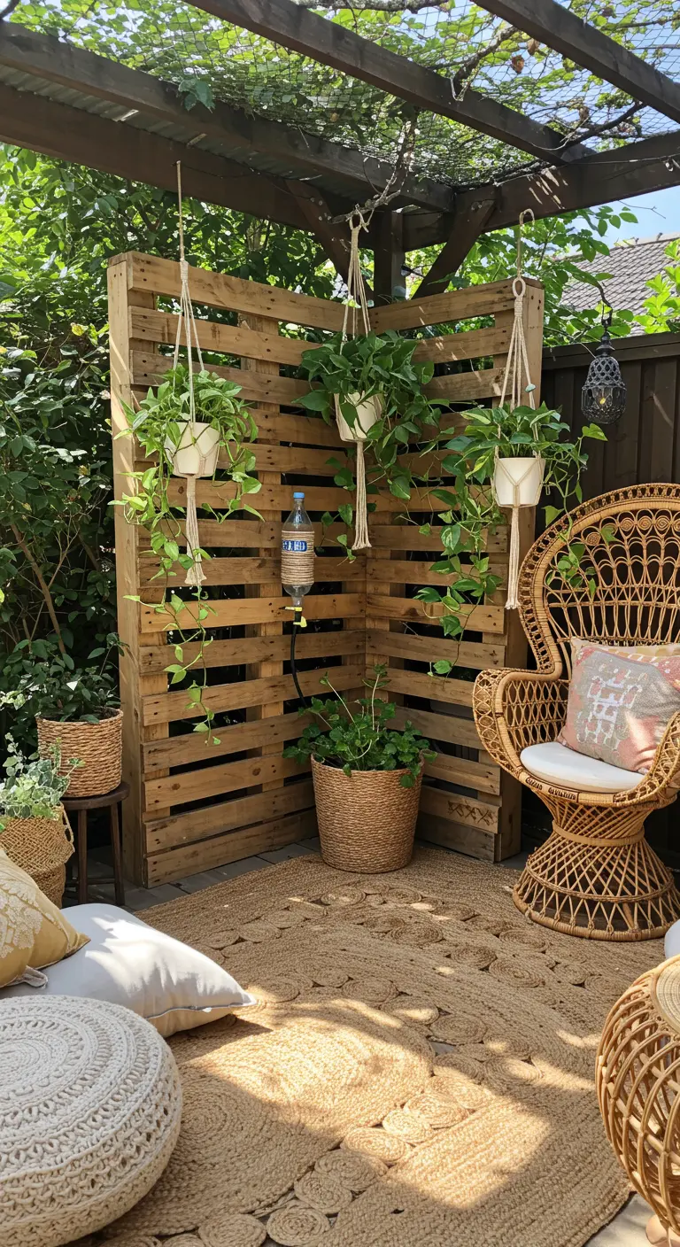 Zwei Holzpaletten in einer Ecke, behängt mit Makramee-Pflanzen und einer versteckten Wasserflasche.