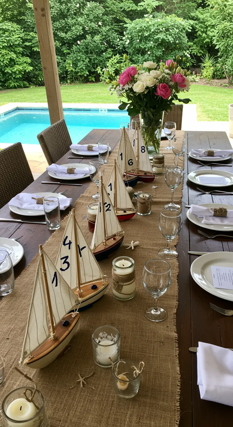 Langer Holztisch am Pool, dekoriert mit Modell-Segelbooten als Tischläufer.