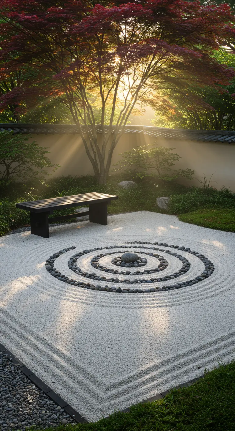 Ein Kiesel-Mandala in einem japanischen Zen-Garten mit geharktem Sand.
