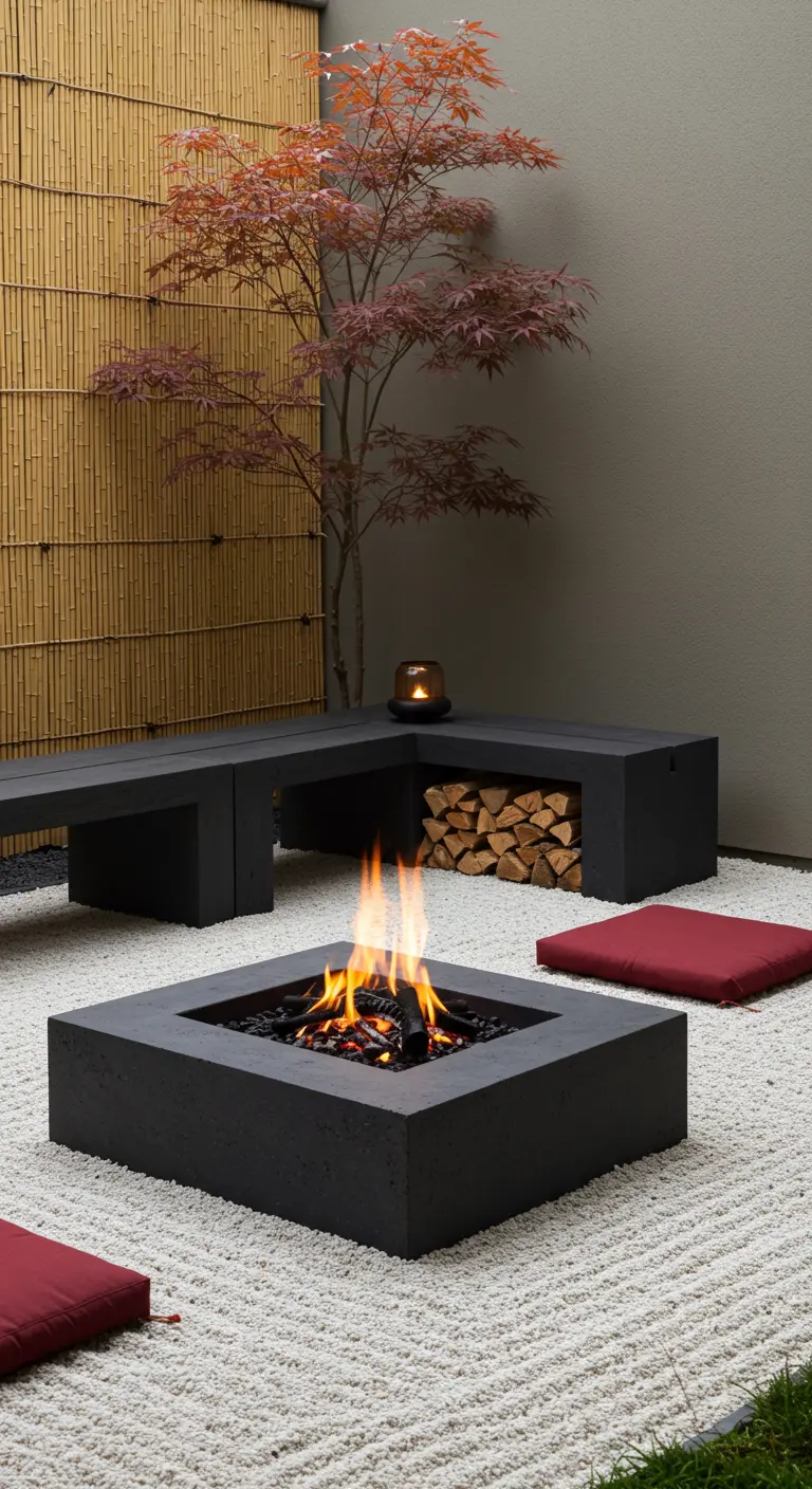 Schwarze, quadratische Beton-Feuerstelle in einem japanischen Kiesgarten.