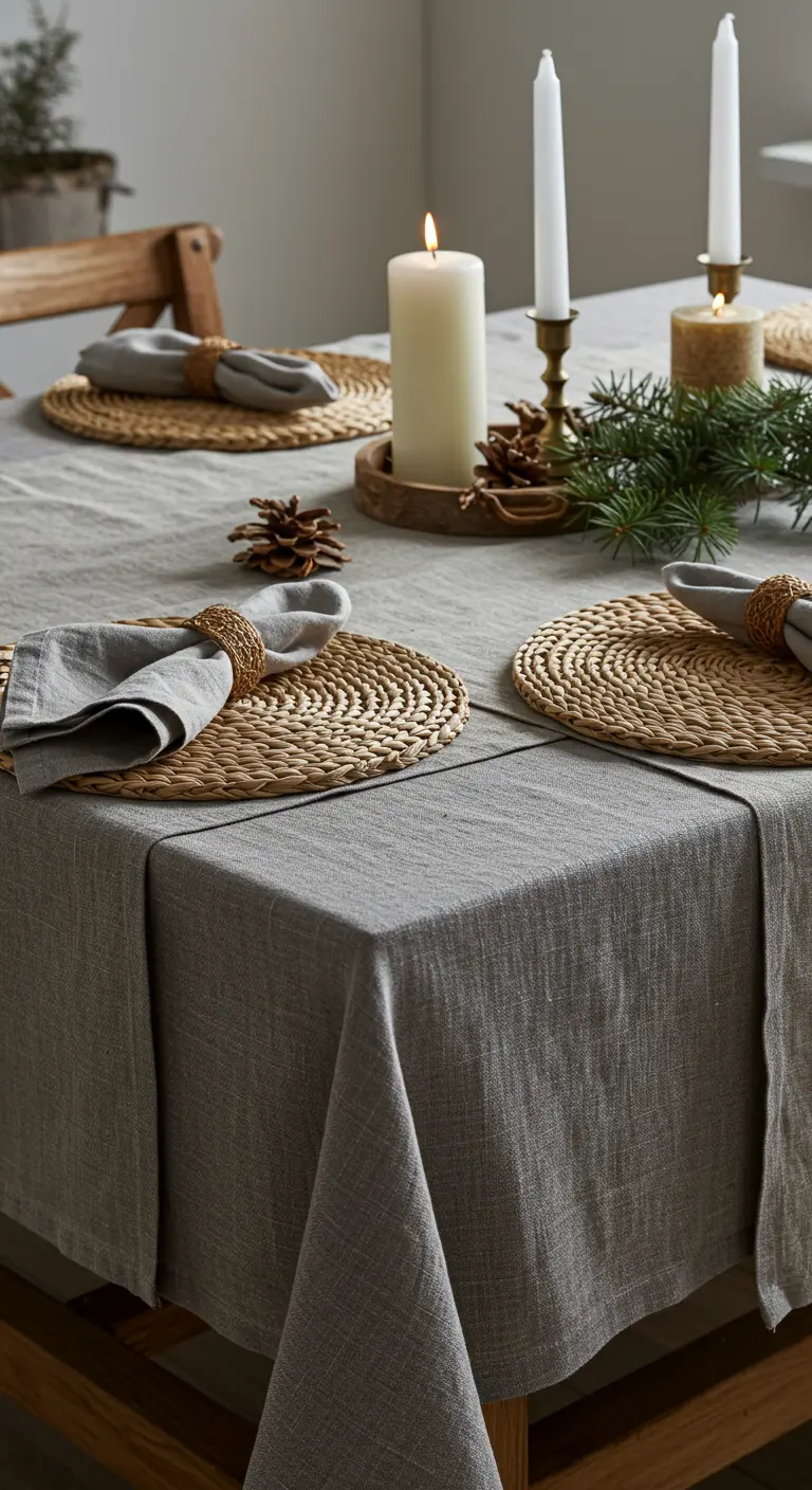 Graue Leinentischdecke kombiniert mit runden Rattan-Platzsets und Kerzen.