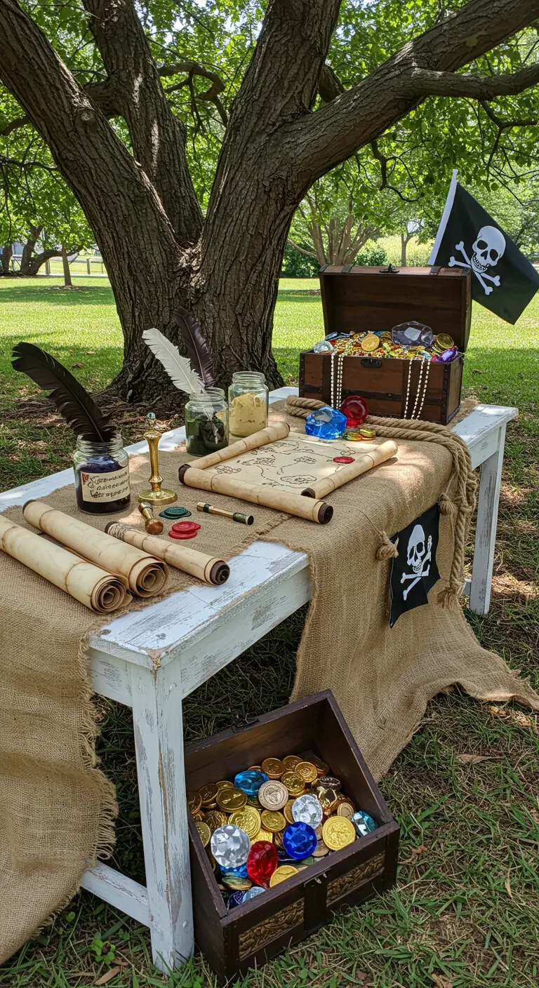 Piraten-Tisch mit Schatzkarten, Federkielen, Goldmünzen und einer Schatztruhe.