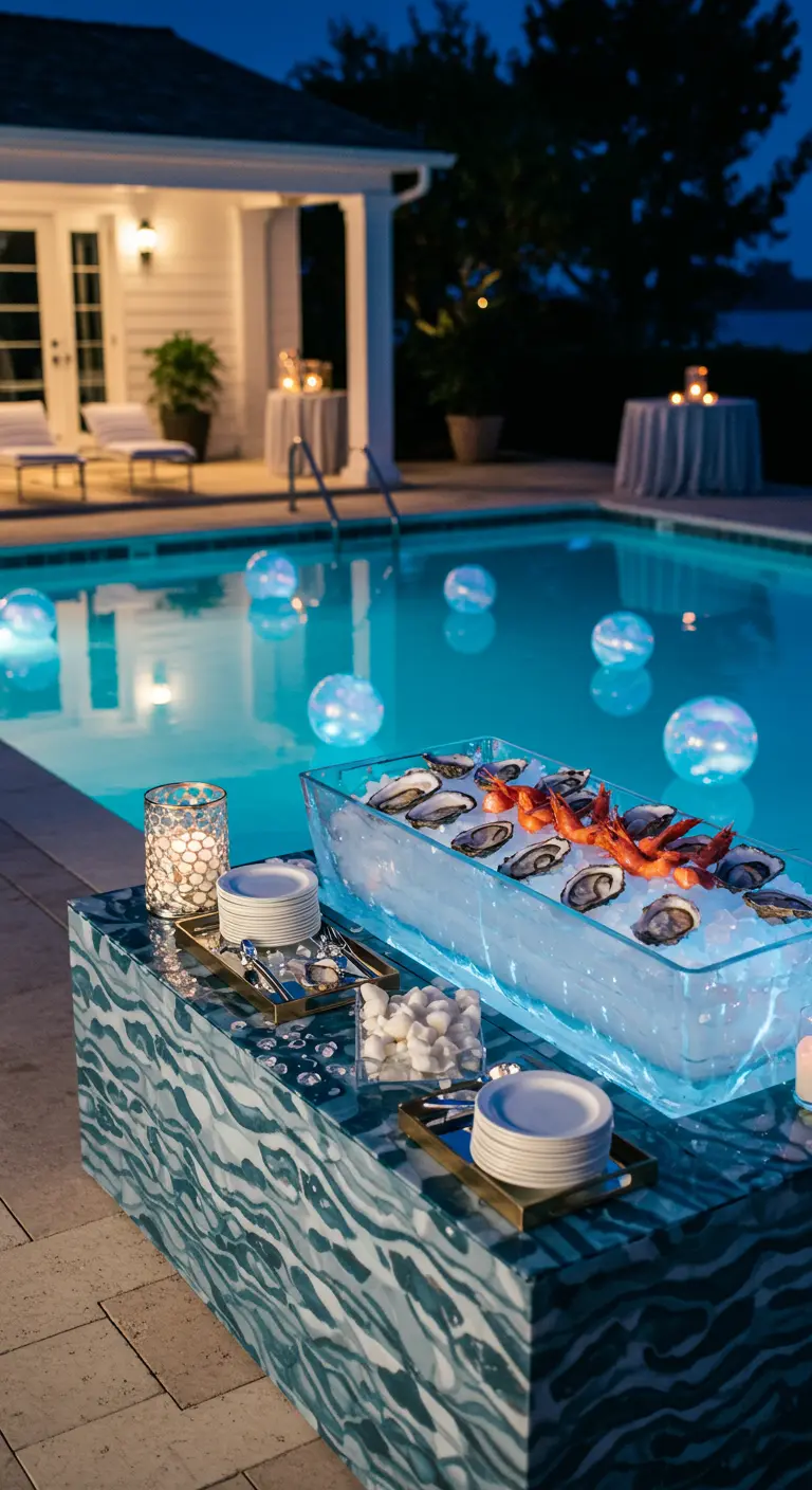 Modernes Seafood-Buffet auf einem leuchtenden Eisblock neben einem Pool mit Lichtkugeln.