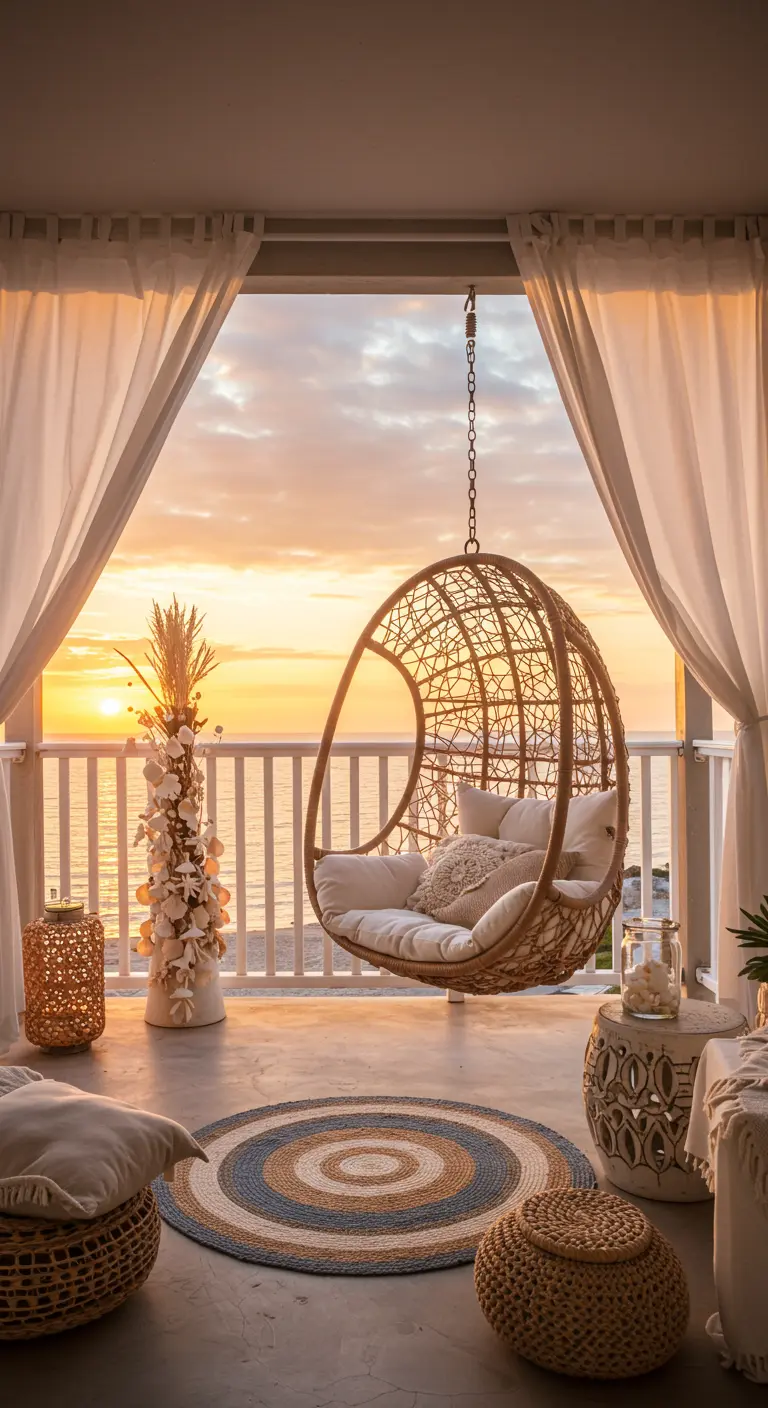 Hängesessel aus Rattan auf einem Balkon mit Meerblick bei Sonnenuntergang.
