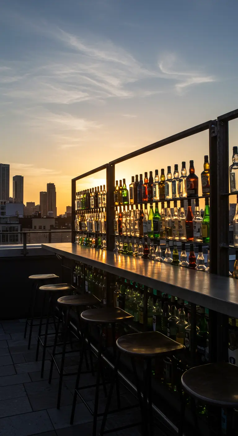 Eine Rooftop-Bar bei Sonnenuntergang mit einer Rückwand aus Spirituosenflaschen, die im Licht leuchten.