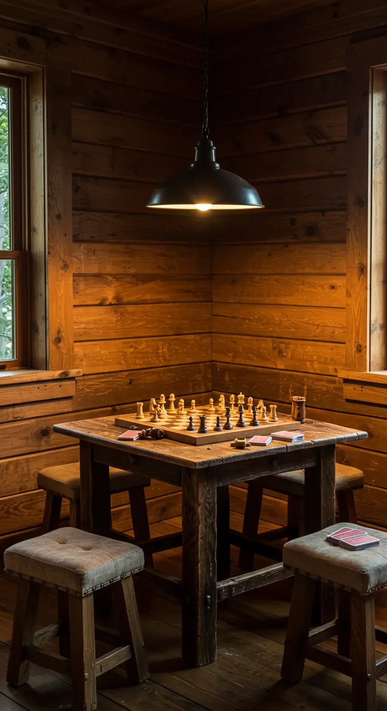 Holzecke mit einem Tisch, an dem ein Schachspiel aufgebaut ist.