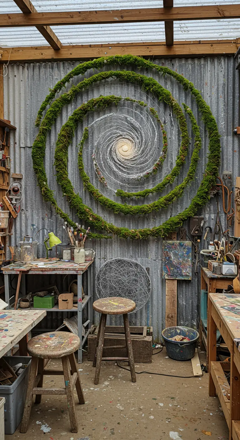 Große, moosbewachsene Draht-Spirale an der Wellblechwand einer Werkstatt.
