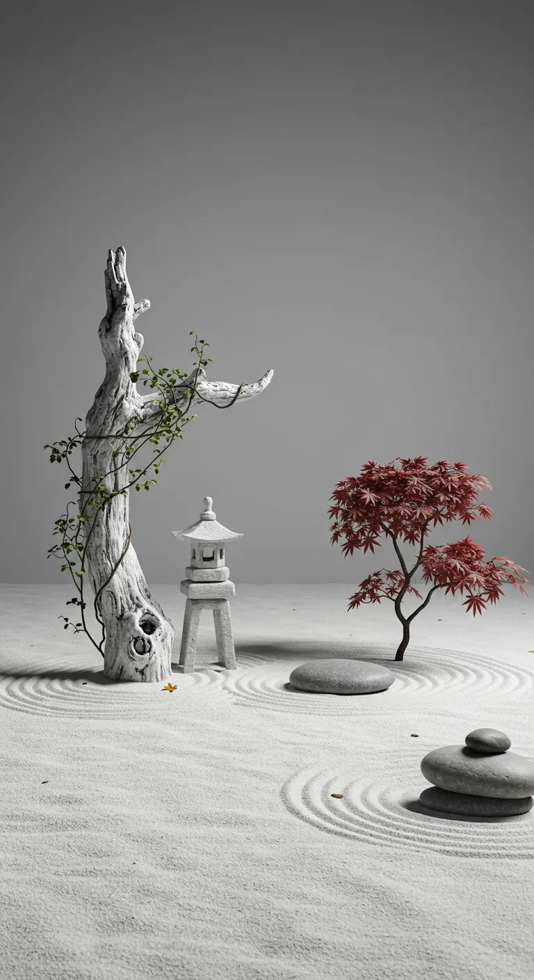 Gebleichter Treibholzstamm als Skulptur in einem minimalistischen Zen-Garten.