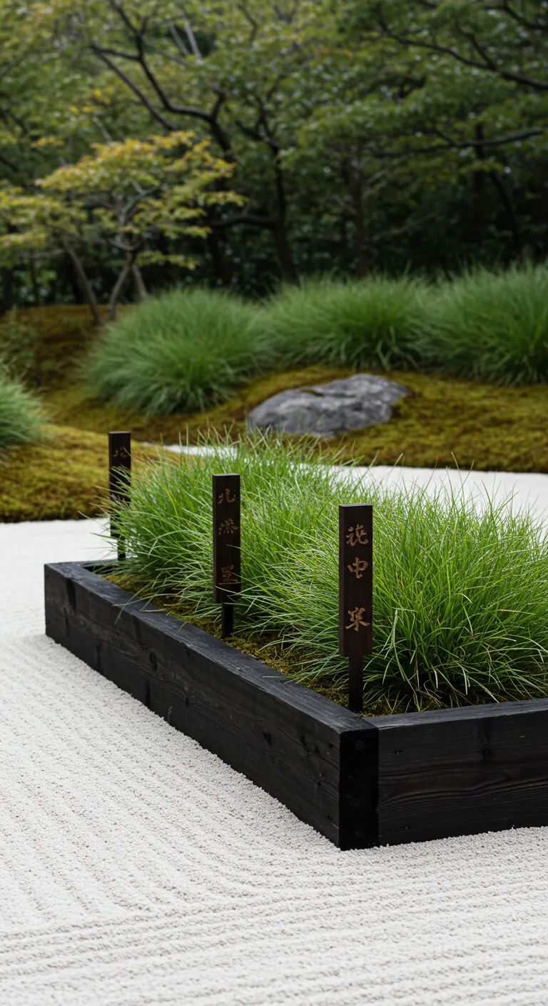 Dunkle Holzpfosten mit japanischen Schriftzeichen in einem Zen-Garten.
