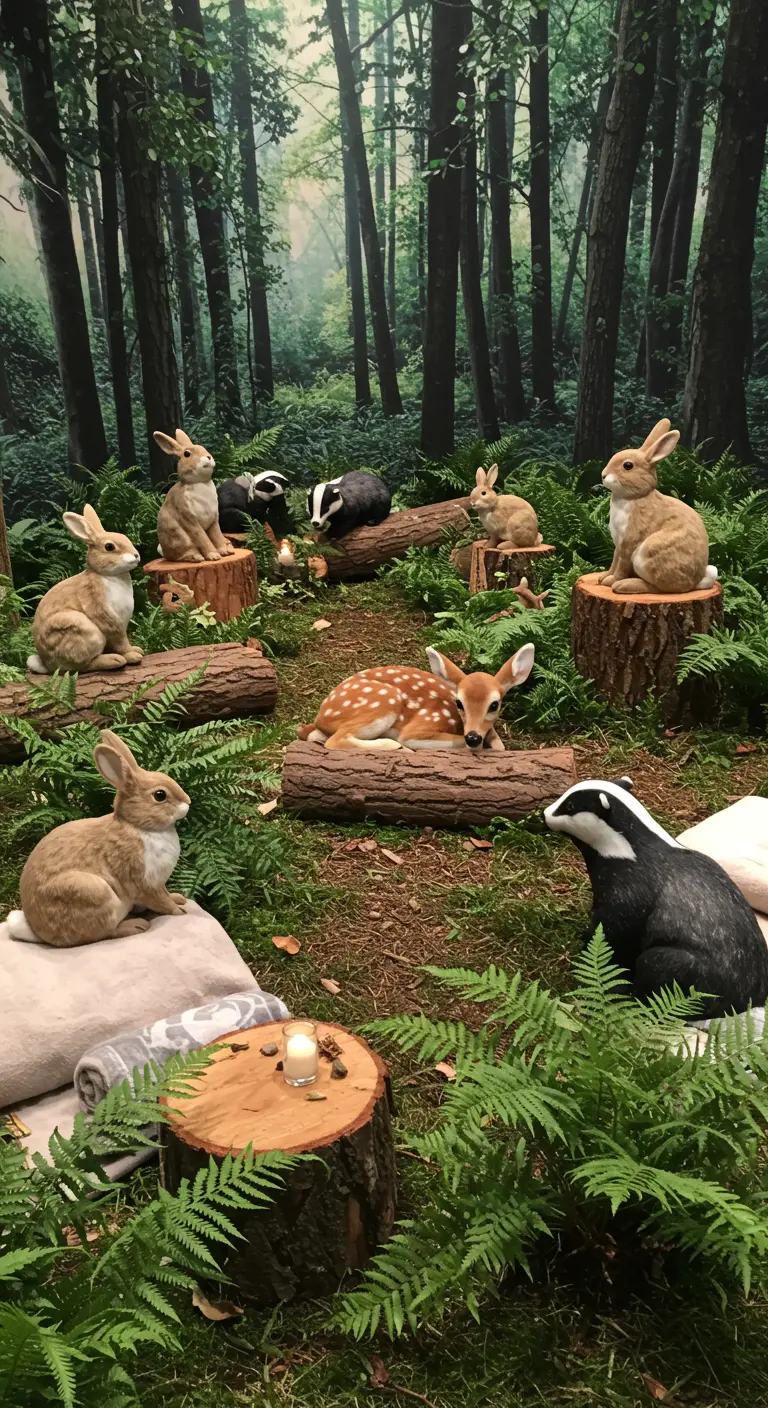 Szene mit realistischen Plüsch-Waldtieren auf Baumstämmen vor einer Waldtapete