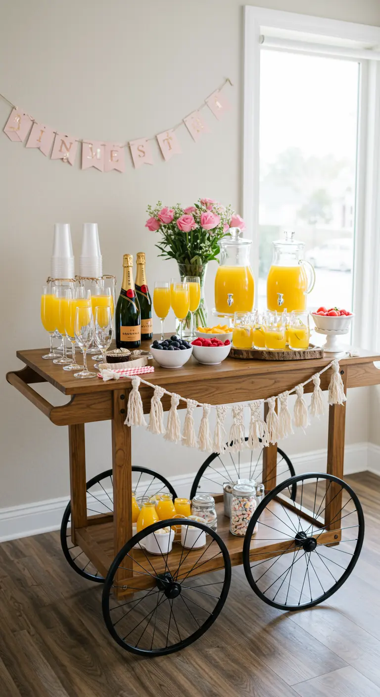 Ein hölzerner Barwagen, dekoriert mit einer Makramee-Quastengirlande und gefüllt mit Mimosa-Zutaten.