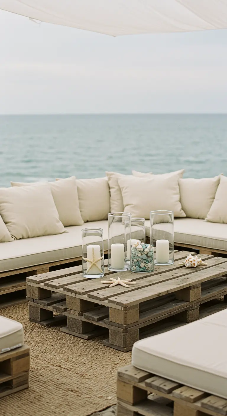 Lounge-Ecke am Strand mit Möbeln aus Holzpaletten und cremefarbenen Kissen.