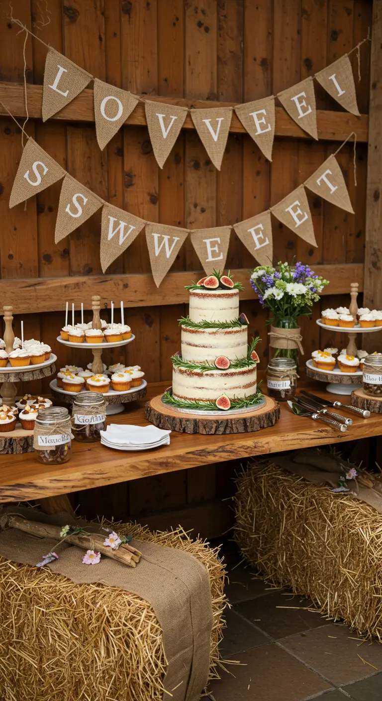 Desserttisch mit Naked Cake, Cupcakes und einer Jute-Wimpelkette an einer Holzwand.