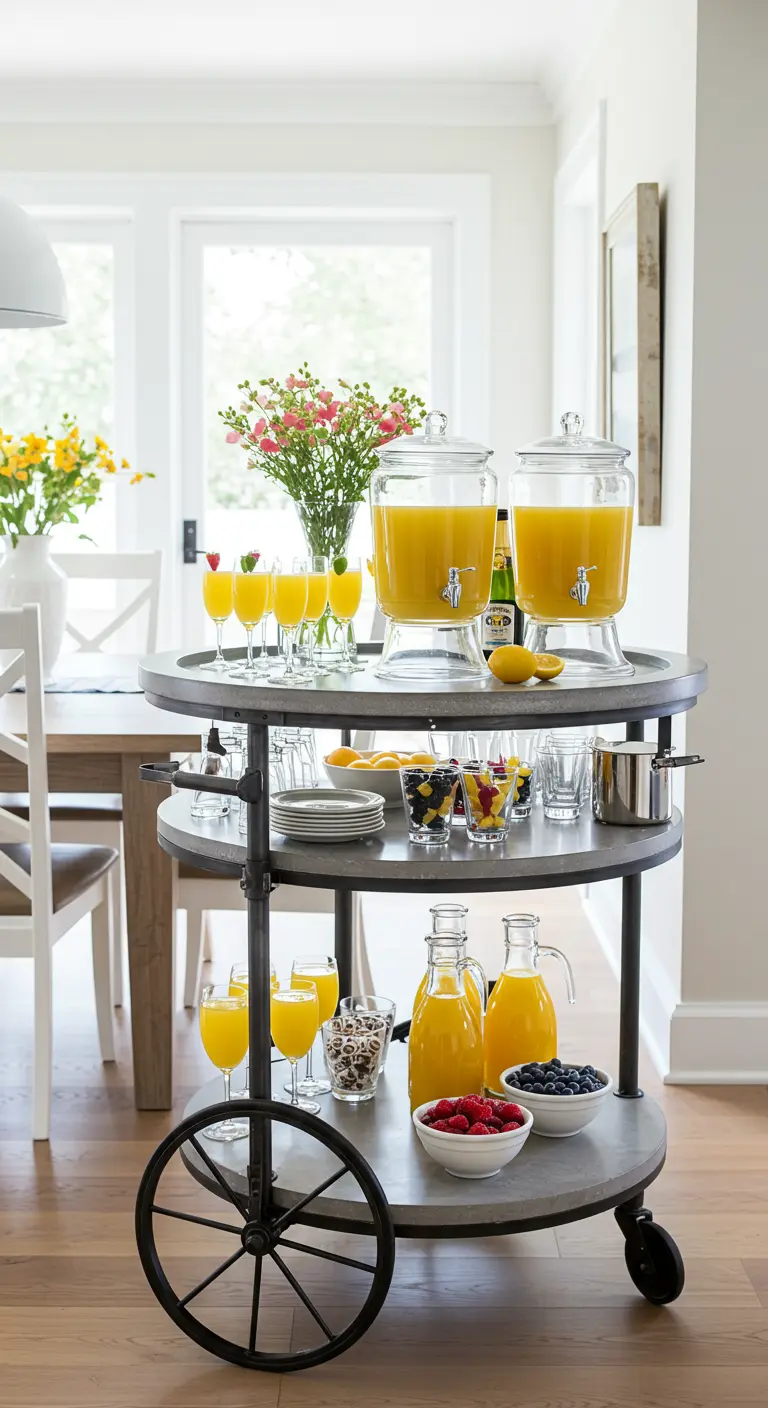 Runder, grauer Barwagen mit Saftspendern, Gläsern und frischen Früchten für einen Brunch