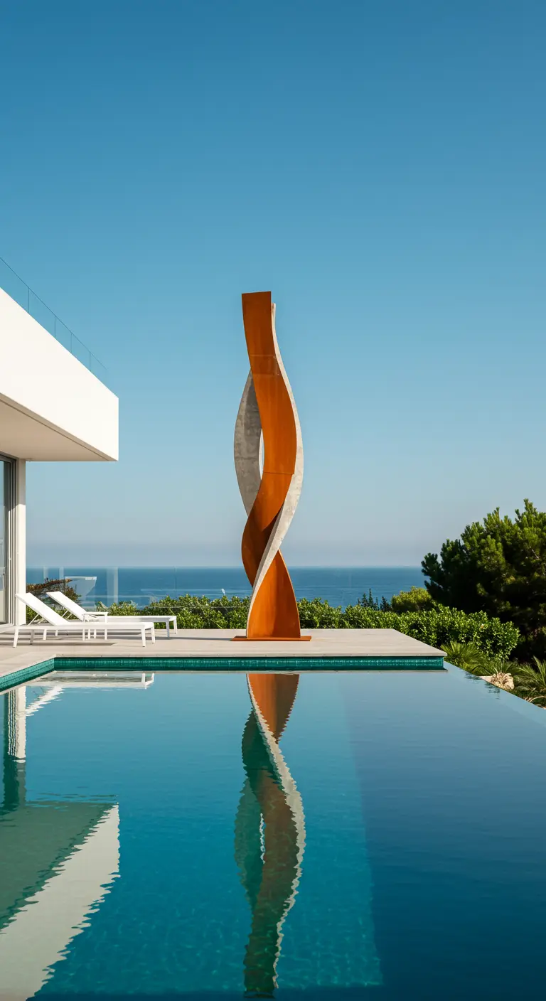 Geschwungene Skulptur aus Beton und Roststahl an einem Infinity-Pool mit Meerblick.