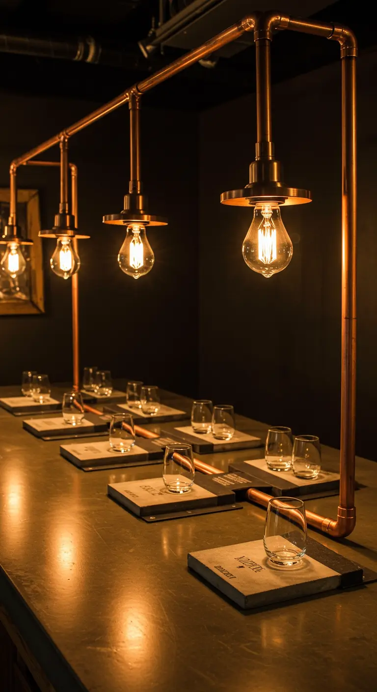 Tischlampe aus Kupferrohren mit Edison-Lampen über einer Reihe von Gläsern für ein Tasting