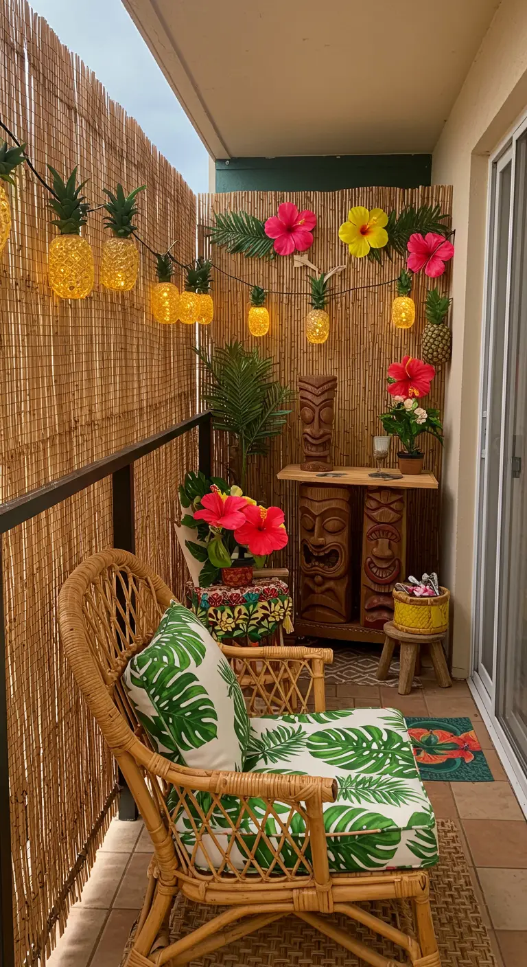 Balkon im Tiki-Stil mit Bambuswand, Ananas-Lichterkette und Rattanmöbeln.