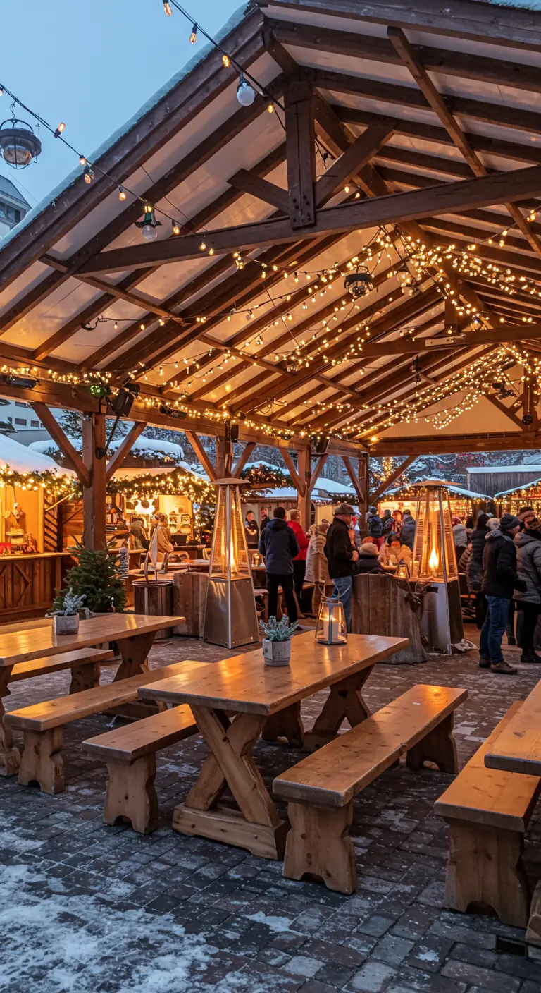 Eine grosse, offene Holzhütte mit Heizpilzen und vielen Lichterketten unter dem Dach.
