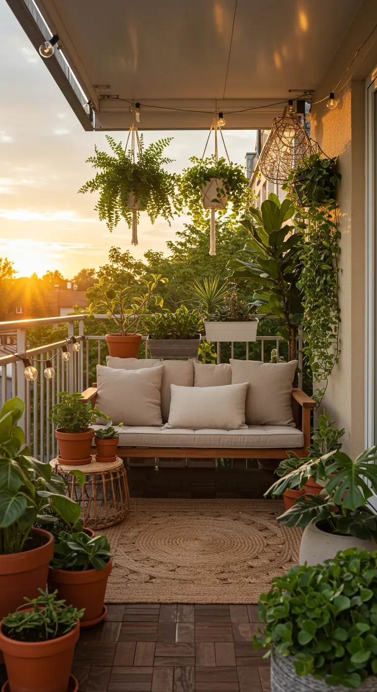 Balkon-Lounge mit Holzbank, vielen Pflanzen und Juteteppich bei Sonnenuntergang.