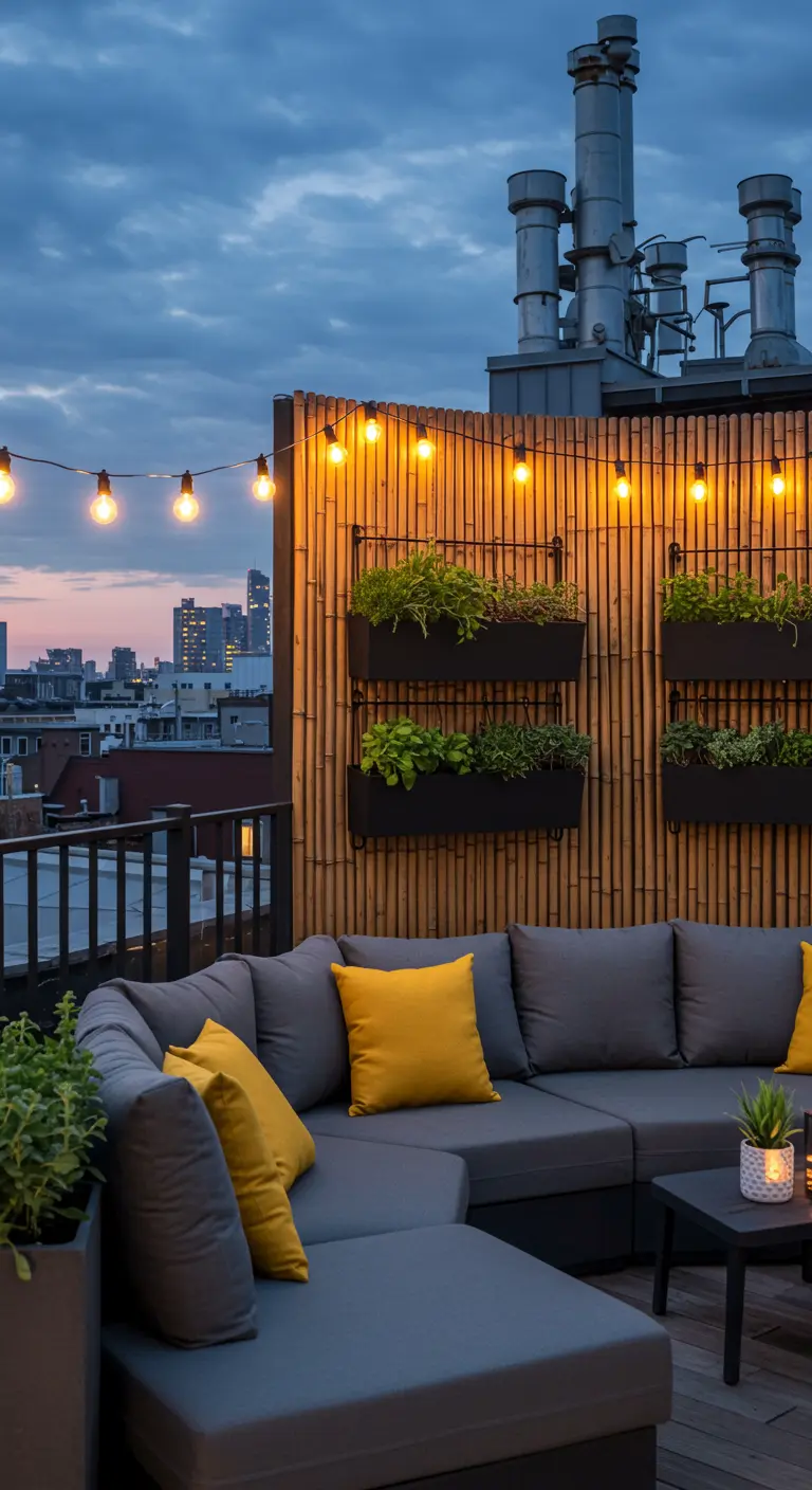 Dachterrasse mit Bambuswand, an der schwarze Pflanzkästen mit Kräutern befestigt sind.