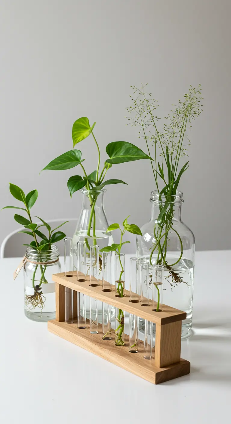 Pflanzenableger in Reagenzgläsern und Glasvasen mit Wasser zur Vermehrung.