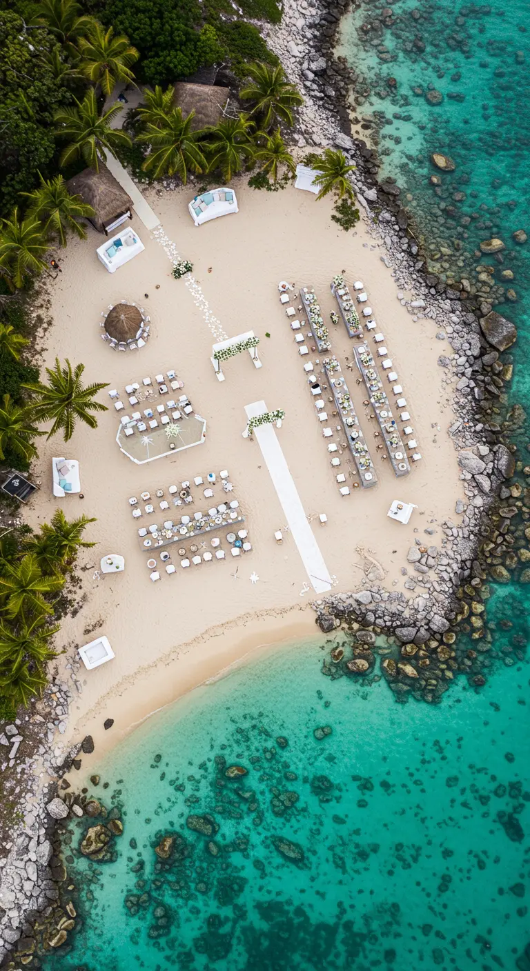 Luftaufnahme einer kompletten Strandhochzeits-Location mit Zeremonie, Dinner und Lounge.