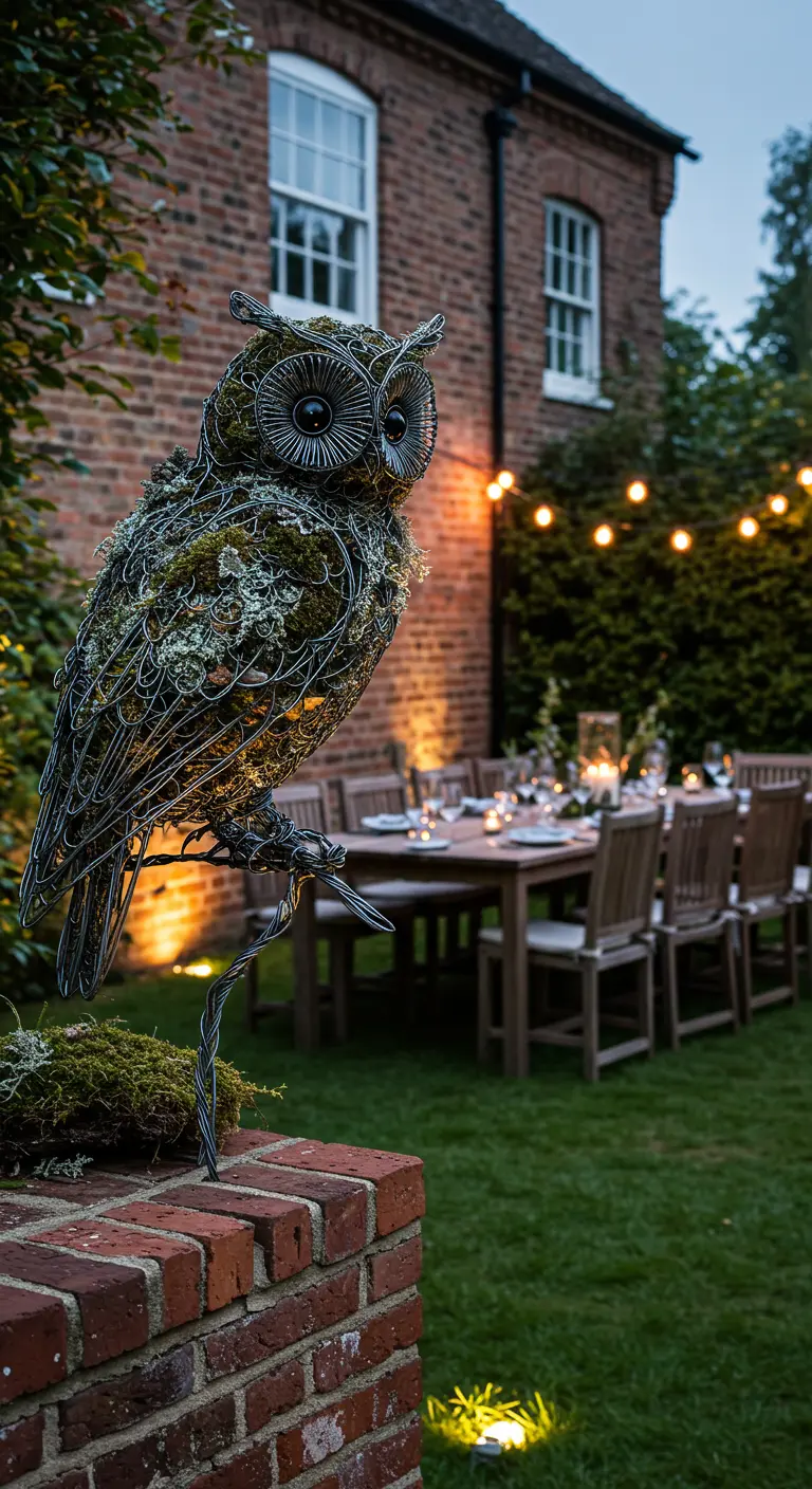 Eulen-Skulptur aus Draht und Moos thront auf einem Backsteinpfeiler.