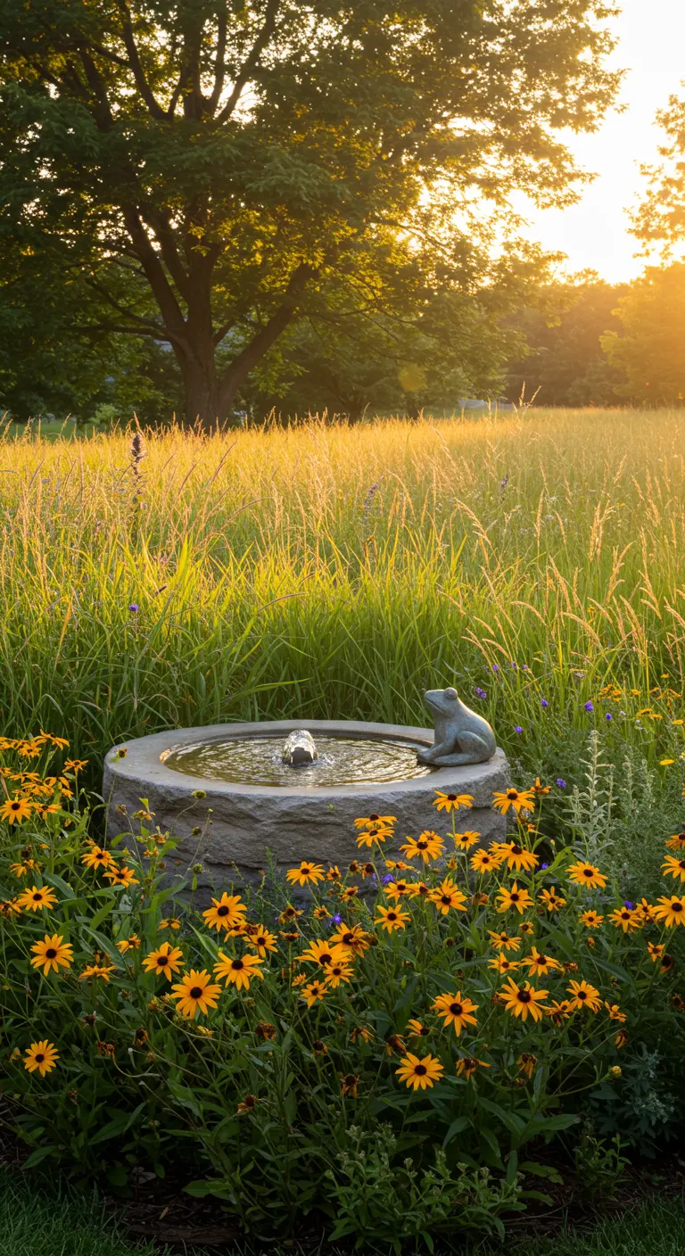 Ein einfacher runder Betonbrunnen mit Frosch, umgeben von gelben Blumen in einer Wiese.